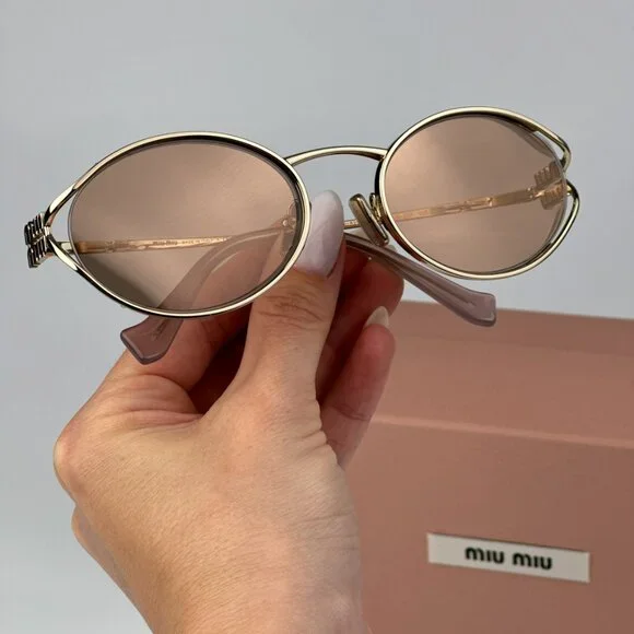 Miu Miu MU52YS ZVN20F BRAND NEW Sunglasses Pink Gold Mirror Silver Oval Unisex - Picture 1 of 11